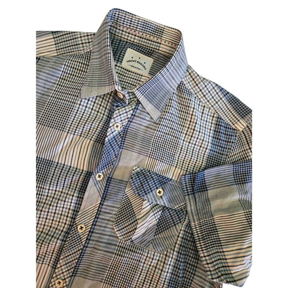 Tommy Bahama Denim Mens Blue Patchwork Plaid Short Sleeve Button Down Shirt L